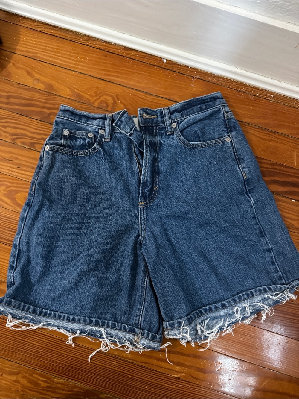 Universal Thread Dark Blue High-Waist, mid length Frayed Hem Denim Shorts